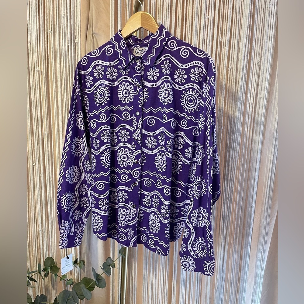 1990s Circle T by Marilyn Lenox Western button down shirt purple white Large (L)